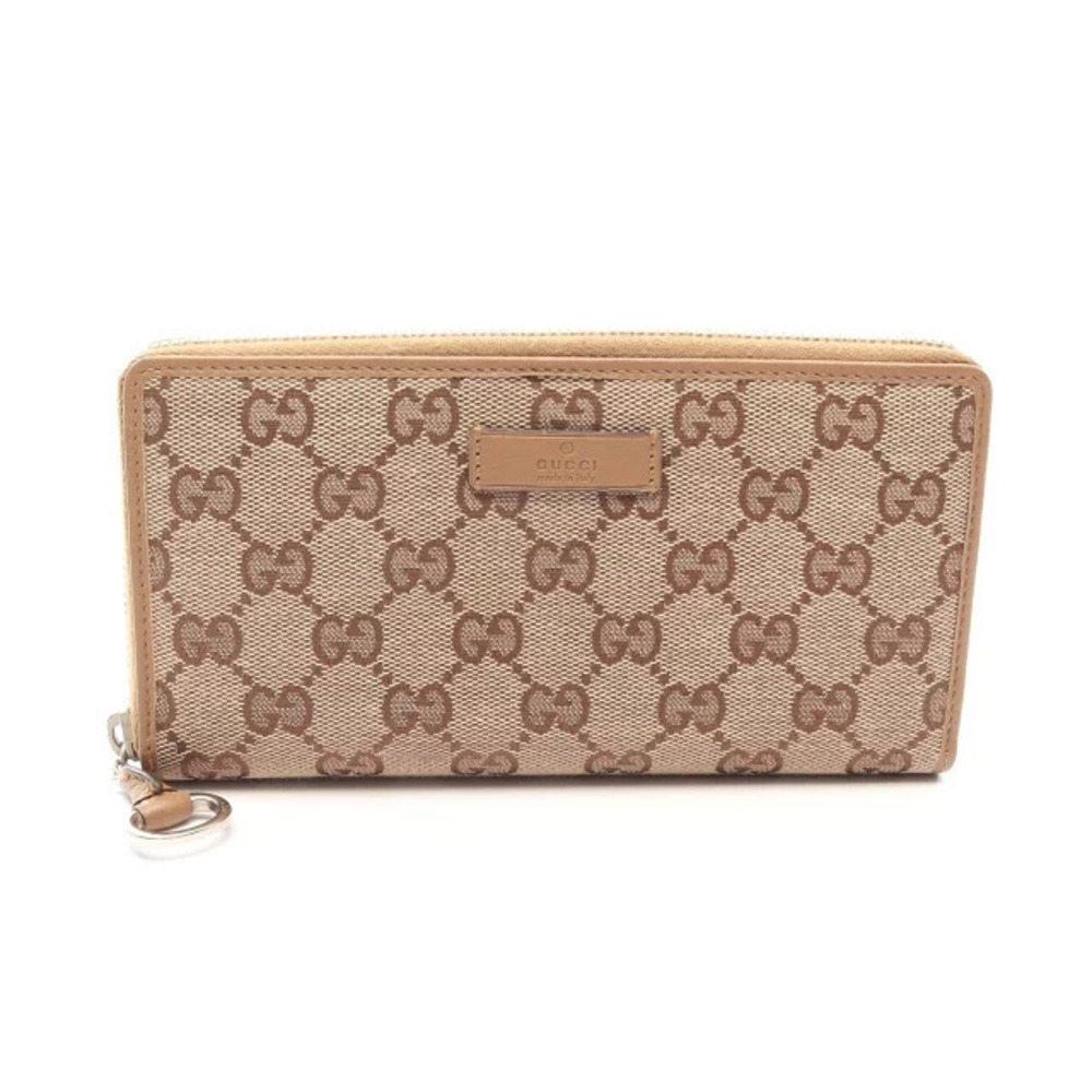 Gucci GG Canvas Round Long Wallet Leather Beige Cream Brown